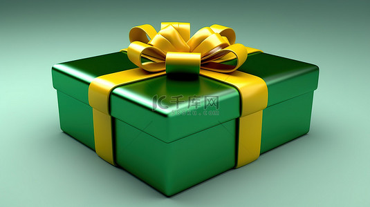 绿色蝴蝶结背景图片_绿色 3D 礼品盒，带有欢快的黄色丝带和蝴蝶结