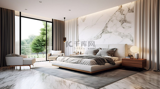 3D 渲染全白色当代卧室和起居空间，具有丰富的木质和大理石纹理