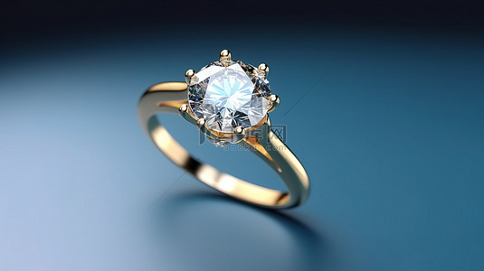 戒指首饰背景图片_蓝色背景突出了金钻戒指令人惊叹的 3D 渲染