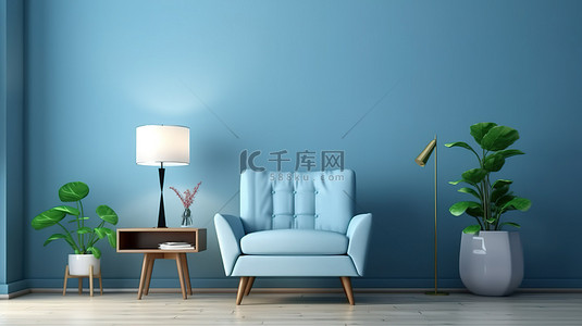 时尚图像背景图片_时尚客厅中的现代蓝色扶手椅，木地板上配有橱柜和灯，以蓝色墙壁 3D 渲染图像为重音