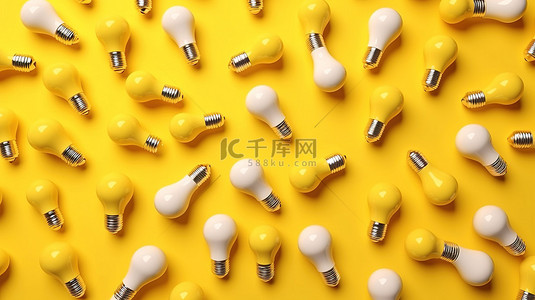 创意灯泡想法背景图片_带灯泡的黄色背景的平躺式 3D 渲染