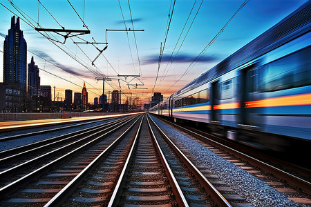 地铁背景图片_黄昏城市的地铁里的火车在城市街道的黄昏火车轨道上