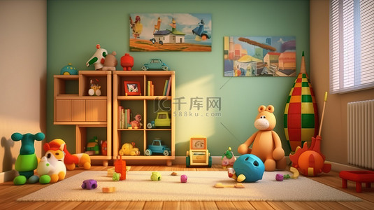 3D 渲染的儿童房里有很多玩具