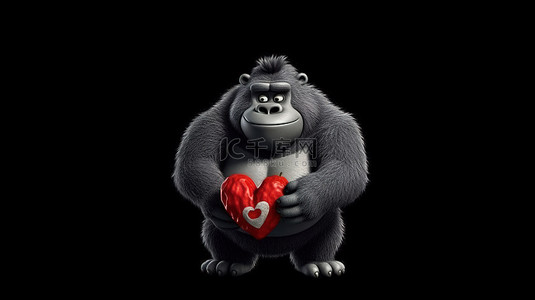 可爱的 3D 大猩猩拥抱爱心手柄的温馨场景