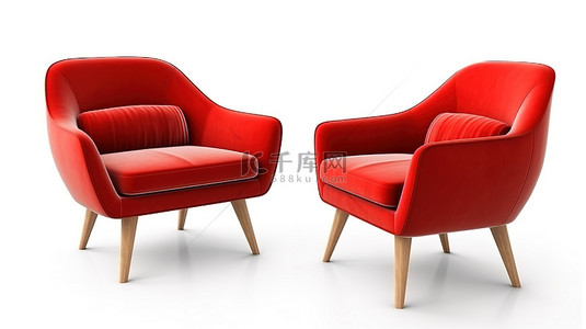 白色背景下的 3D 渲染中的当代红色扶手椅