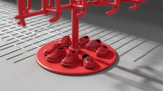 3D 渲染衣架和鞋套中儿童的等距单色红色游乐场物体