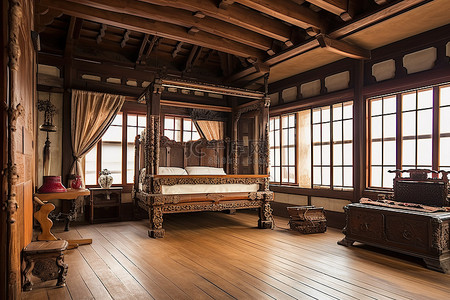 开放式卧室，铺有木地板，配有一张床