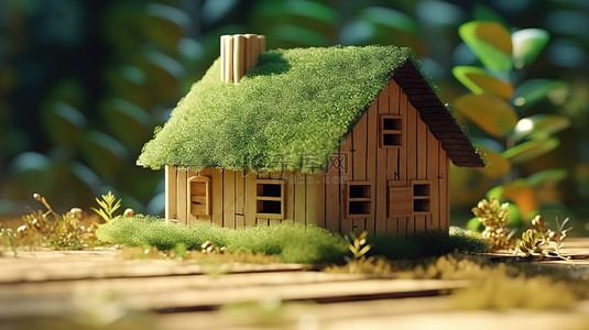 木质背景下生态家园的可持续生活 3D 插图