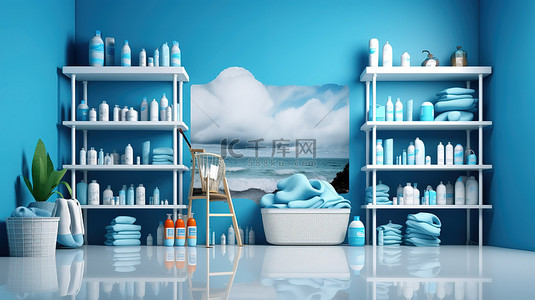 水色主题 3D 场景，以蓝色背景为特色的产品架，水滴遍布各处