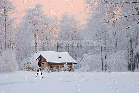 冬天雪景和人背景图片_房子和森林上空的冰冻天空拍摄照片