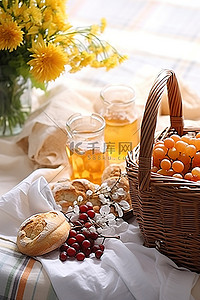 水果，好吃的背景图片_桌子上有一篮子好吃的东西，附近也有一篮子鲜花