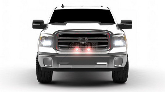 白色背景的 3D 渲染，配有带照明前灯的双驾驶室现代皮卡车