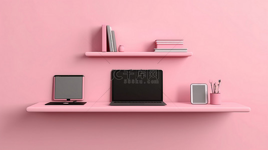 粉色墙架上的科技三重奏笔记本电脑手机和平板电脑 3D 渲染
