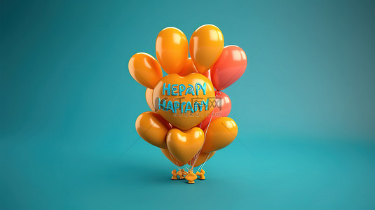 心形气球的 3d 渲染与快乐的生日祝福
