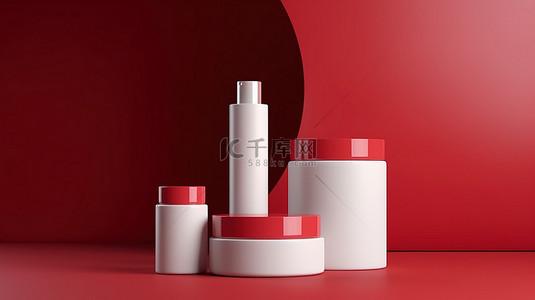 优雅的护肤系列，以红色背景 3D 渲染上的塑料管和罐子为特色
