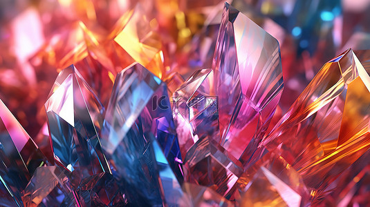 通过玻璃晶体和棱镜的彩色光谱射线的 3D 插图，创建抽象的光学艺术背景