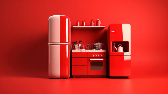 红色冰箱背景图片_带有充满活力的红色冰箱的厨房的单色红色 3d 图标