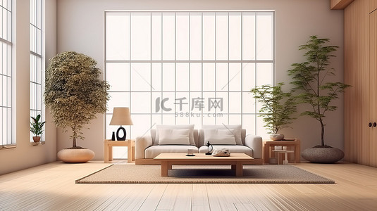 家居日式背景图片_白色沙发装饰日式客厅，以 3D 渲染呈现室内外观