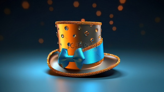 时尚帽子背景图片_3D 渲染中带有蓝丝带和金色徽章的迷人高顶帽子
