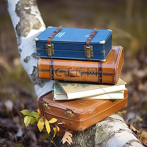 坐在树枝背景图片_坐在树枝旁边的老式行李箱，里面装满了书