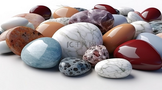 白色背景上大理石卵石和天然石材的 3D 渲染插图非常适合广告产品水疗护理和放松
