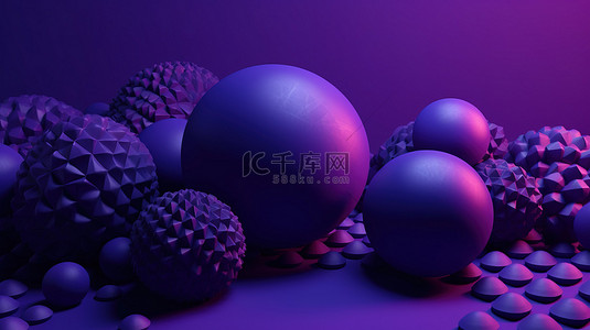 纹理涂层紫色球体在抽象 3D 渲染紫色背景上形成几何形状