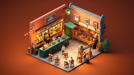 啤酒酒花背景图片_等距酒吧室内设计的 3d 插图