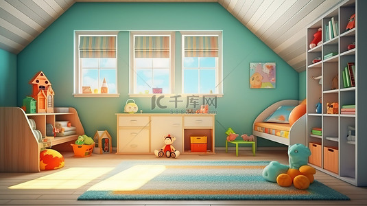 开窗户背景图片_带开着窗户的儿童房间的 3D 插图