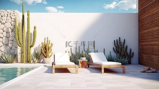 墨西哥仙人掌背景图片_令人惊叹的墨西哥风格露台绿洲，配有泳池仙人掌和白色瓷砖地板 3D 渲染