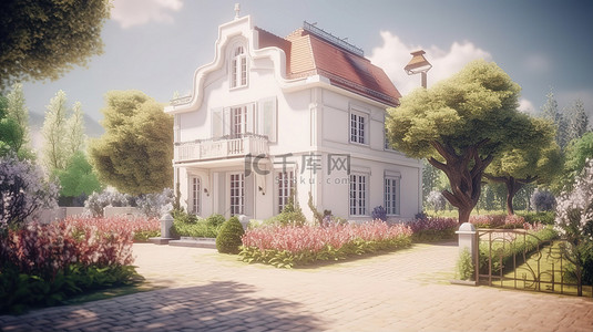 建投城市背景图片_可爱的住所令人惊叹的 3D 插图，展示了一座白色入口房屋，在风景如画的社区中有一个郁郁葱葱的花园