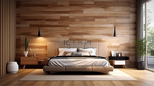 现代双人床，配有时尚的木墙和床头柜 3D 渲染