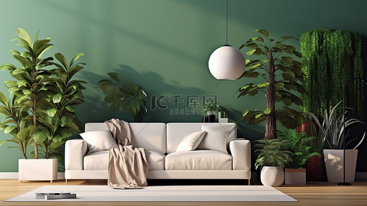 绿化背景图片_现代生活空间配有沙发绿化灯和桌子 3D 渲染