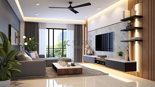 时尚的客厅设计，配有平面电视和 3D 渲染的内置照明