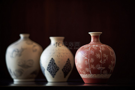 一小群陶瓷花瓶坐在深色背景前