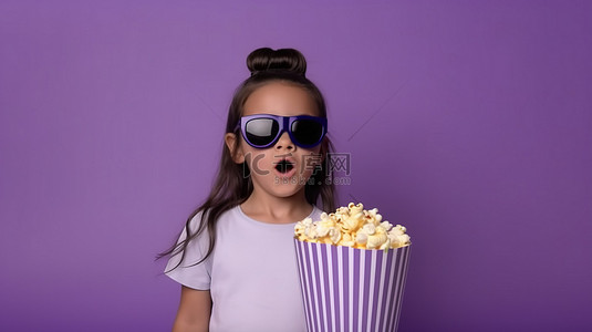 小爆米花背景图片_小家伙在充满活力的紫色背景下摆出姿势，戴着 3D 眼镜，手里拿着一大桶爆米花