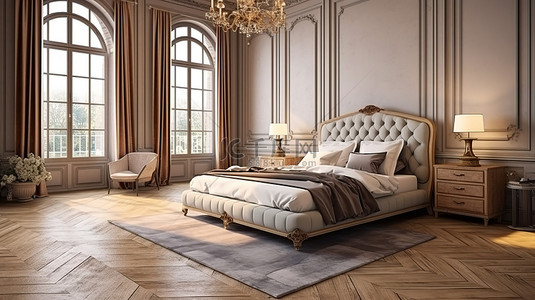 华丽的 3D 渲染，在一间配有毛绒地毯的宏伟古董公寓中提供一张宽敞的特大号双人床