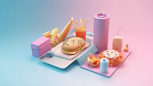 卡通风格的在线食品配送概念 3D 插图，背景为电话食品和订单按钮