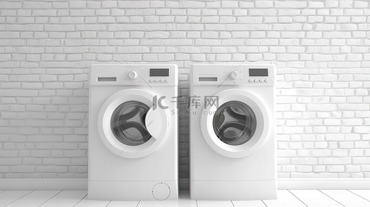 现代白色洗衣机在白砖墙上的特写 3D 渲染