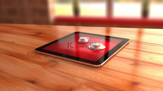 红木桌上显示的平板电脑的 3D 渲染