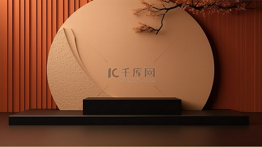 花盆景背景图片_在丰富的棕色背景上抽象日本讲台的 3D 渲染，非常适合展示产品