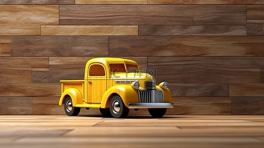 木制背景下汽车皮卡的 3d 渲染