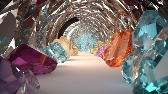 3d 渲染中的卡通水晶宝石隧道