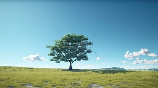 蔚蓝天空下青翠田野中的孤树投射阴影 3d 渲染