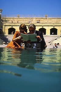 一对夫妇坐在泳池边看书