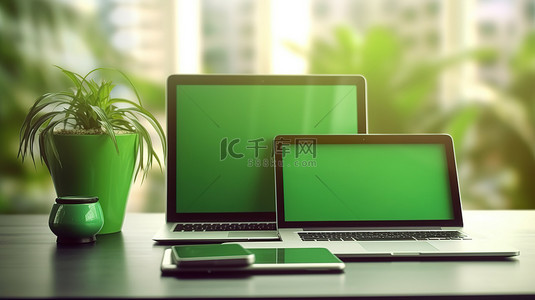 绿色办公桌的 3D 插图，以笔记本电脑手机和数字平板电脑作为横幅背景