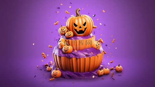 可爱蛋糕海报背景图片_空中欢乐蛋糕以令人惊叹的紫色插图飞翔，用于海报和广告