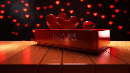 节日和抽象的情人节背景，在用 3D 渲染创建的讲台上有两颗红心