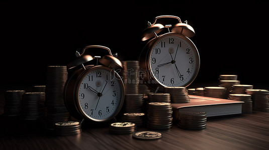 省钱提醒 3D 渲染硬币堆和闹钟以报税截止日期