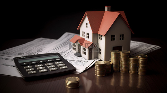 抵押贷款背景图片_弯曲箭头围绕 3D 家庭硬币计算器和抵押贷款再融资表格