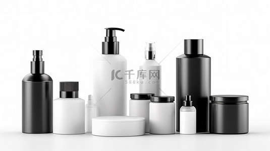 3D 插图中空白画布上的各种美容产品瓶和容器